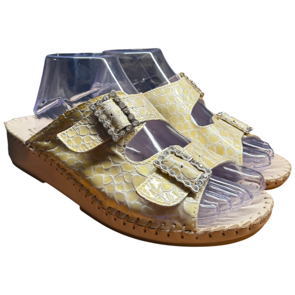 LA PLUME Women' 40/US 9-9.5 Yellowish Snake Embossed Leather Sandals Rhinestones